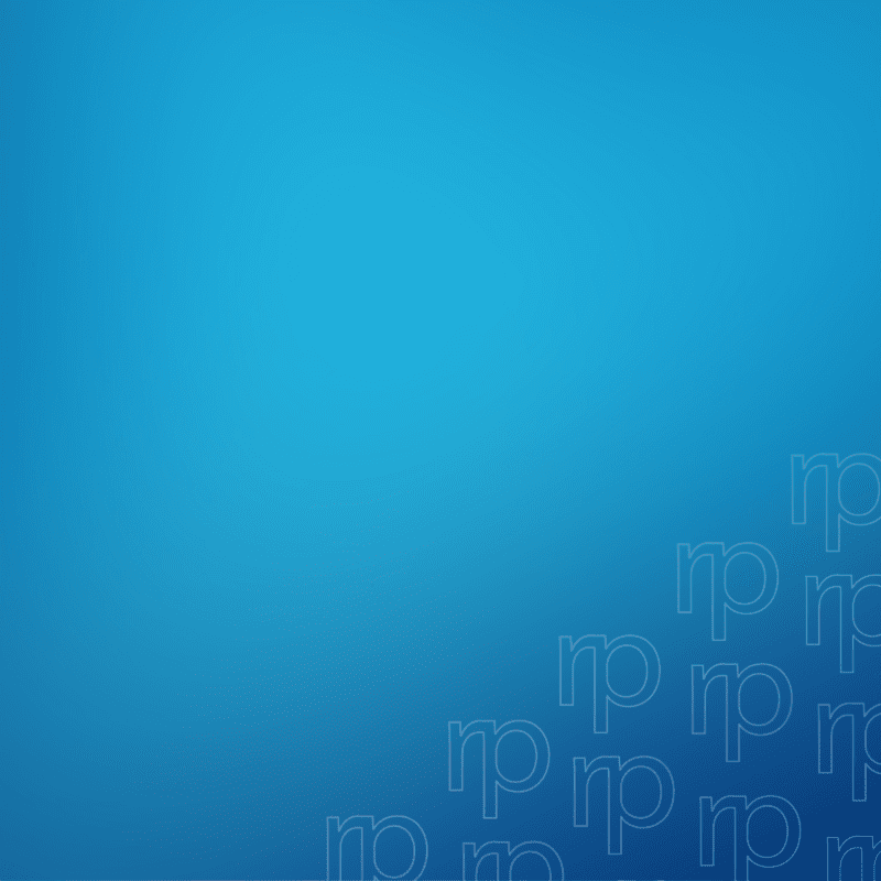 Gradient blue background with repeated, thin-outlined rp letters—subtly referencing Radiology Partners—arranged diagonally in the lower right corner, fading as they move upward and left.