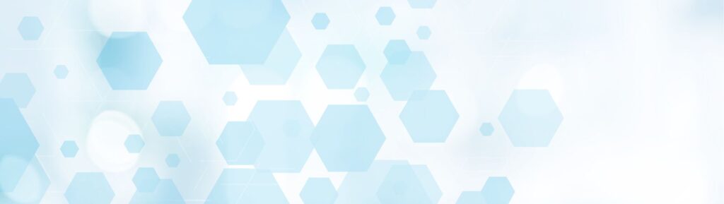 Light blue hexagons of varying sizes are scattered across a white background, creating a soft, abstract, and modern geometric pattern with a subtle bokeh effect—reminiscent of imagery often seen in radiology.