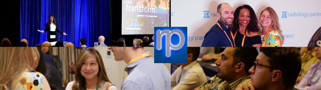 A collage featuring a woman speaking on stage, groups of people smiling and talking at an event, and a blue “rp” logo in the center, representing Radiology Partners and its support for radiology trainees.