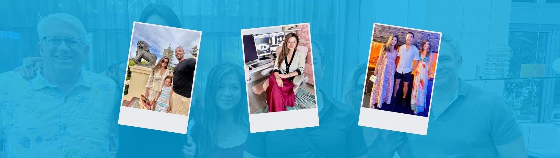 Four people stand together behind three polaroid photos featuring various group and individual RP scenes. The background is overlaid with a blue tint, partially obscuring the group.