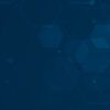 Blue background with a dark, geometric pattern of interlocking hexagons and connecting dots representing mammography and AI.