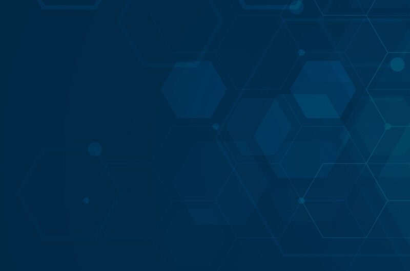 Blue background with a dark, geometric pattern of interlocking hexagons and connecting dots representing mammography and AI.