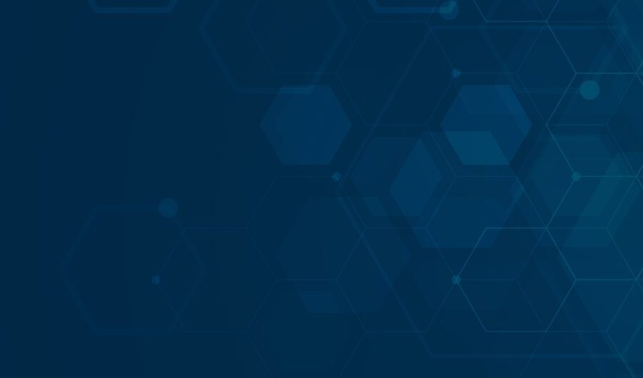 Blue background with a dark, geometric pattern of interlocking hexagons and connecting dots representing mammography and AI.