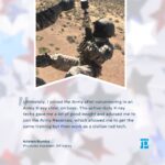 A person in camouflage military gear is rappelling from a helicopter onto a dusty landscape. Below is a quote honoring our veterans about joining the Army and working as an X-ray tech, attributed to Kristen Rumba, Physician Assistant, RP Valley.