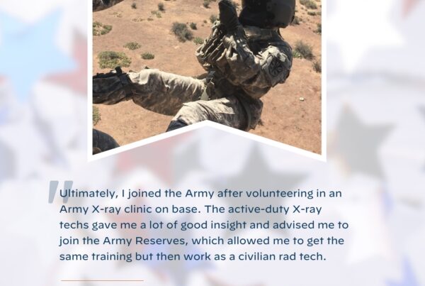 A person in camouflage military gear is rappelling from a helicopter onto a dusty landscape. Below is a quote honoring our veterans about joining the Army and working as an X-ray tech, attributed to Kristen Rumba, Physician Assistant, RP Valley.