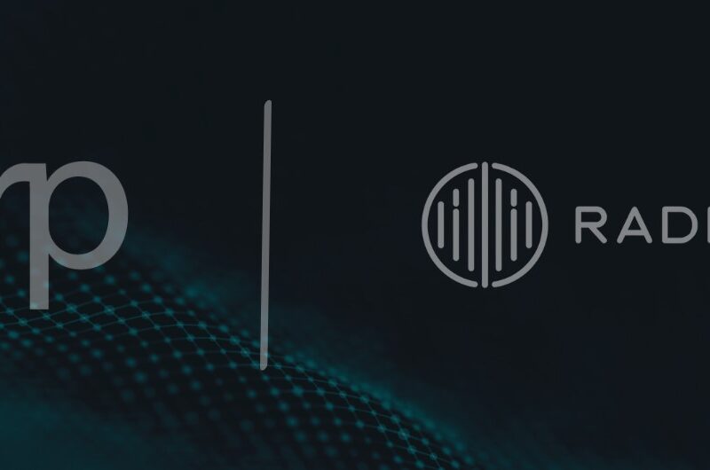 Dark background with a subtle digital wave pattern, displaying rp and a vertical line, followed by the RADPAIR logo and the word RADPAIR in modern, gray text—reflecting innovation and the impact of AI in radiology.