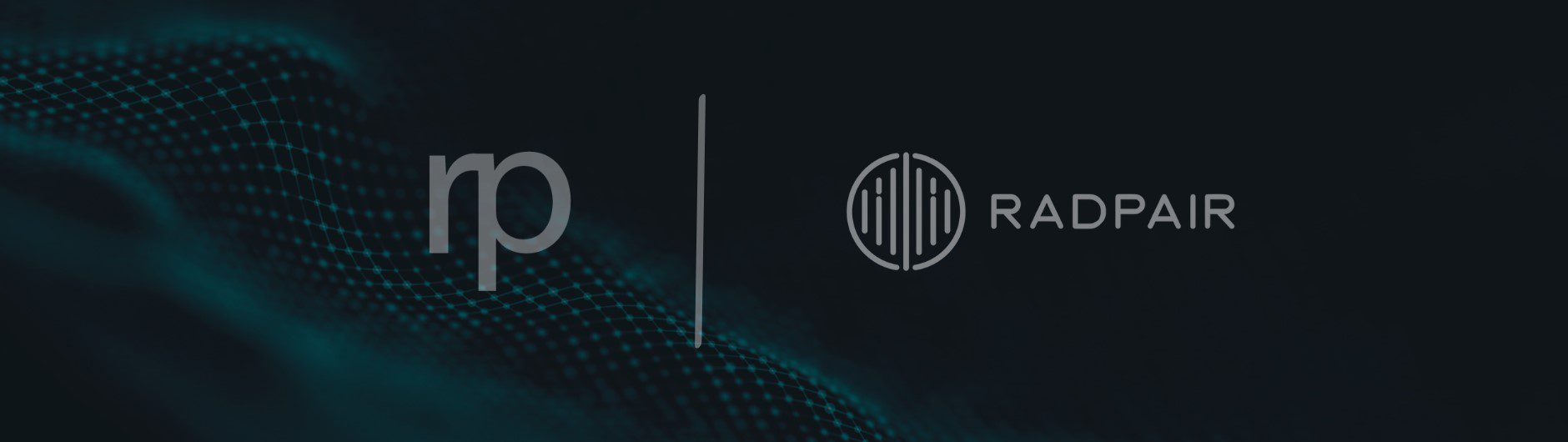 Dark background with a subtle digital wave pattern, displaying rp and a vertical line, followed by the RADPAIR logo and the word RADPAIR in modern, gray text—reflecting innovation and the impact of AI in radiology.
